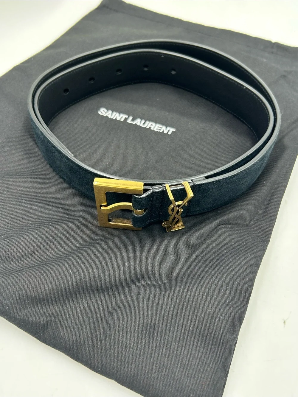 Women's Saint Laurent Black Suede Belt with Gold YSL Logo 80/32 inches